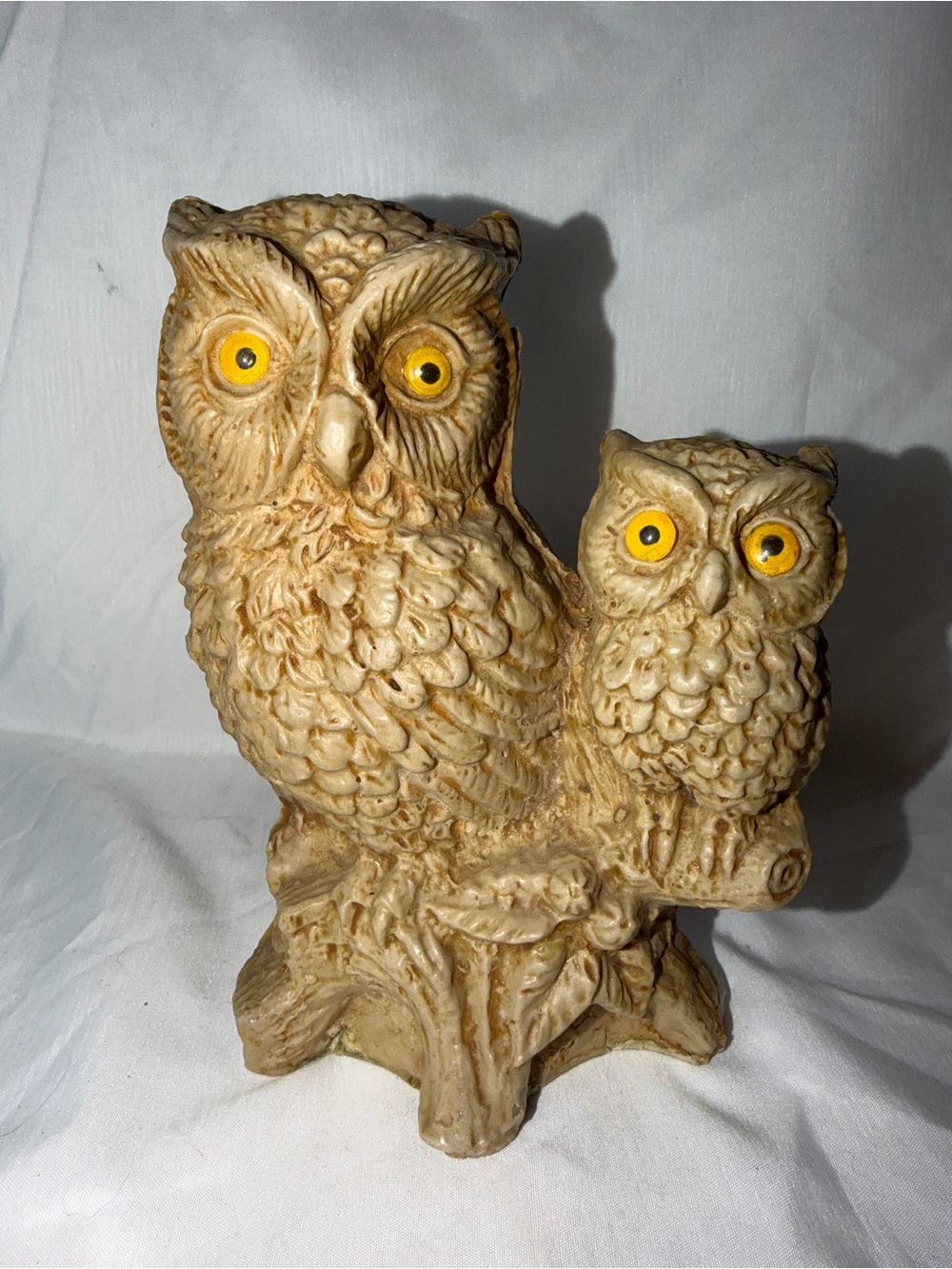 Vintage Resin Owl Figurine Mother & Owlet Mother on Branch Figurine Yellow Eyes